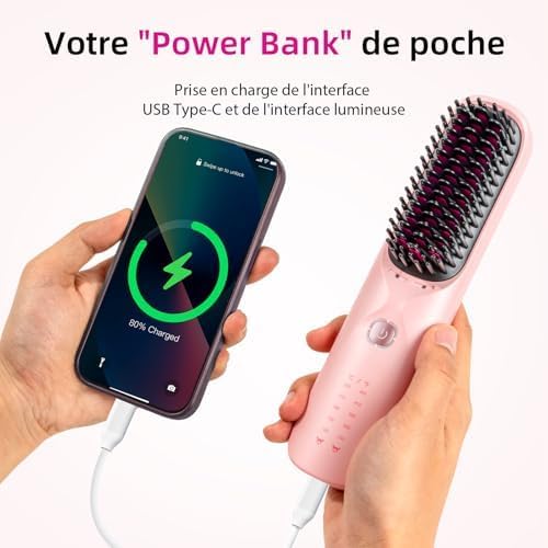 Brosse Lissante Sans Fil 3-en-1 – Lissage Ionique, Autonomie 120min, Powerbank Intégrée