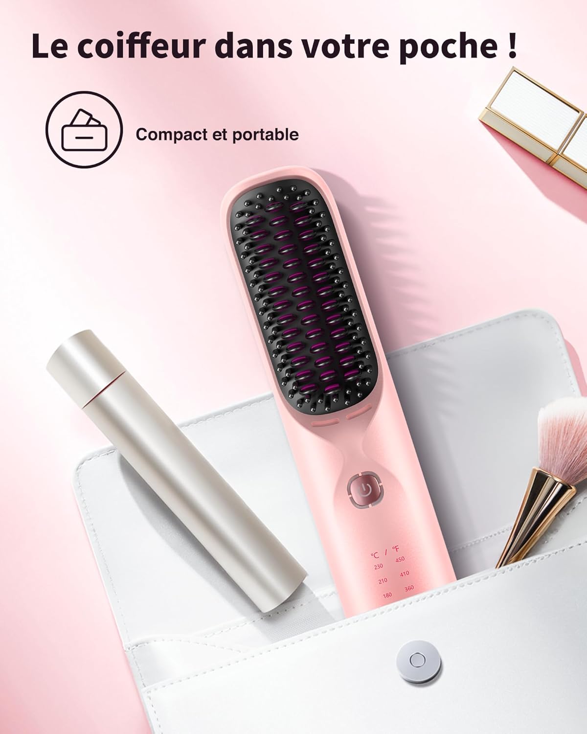 Brosse Lissante Sans Fil 3-en-1 – Lissage Ionique, Autonomie 120min, Powerbank Intégrée