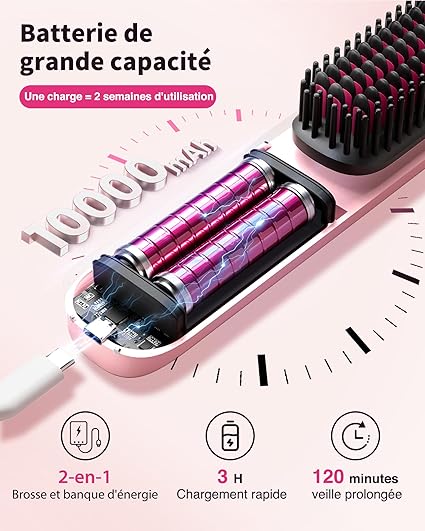 Brosse Lissante Sans Fil 3-en-1 – Lissage Ionique, Autonomie 120min, Powerbank Intégrée