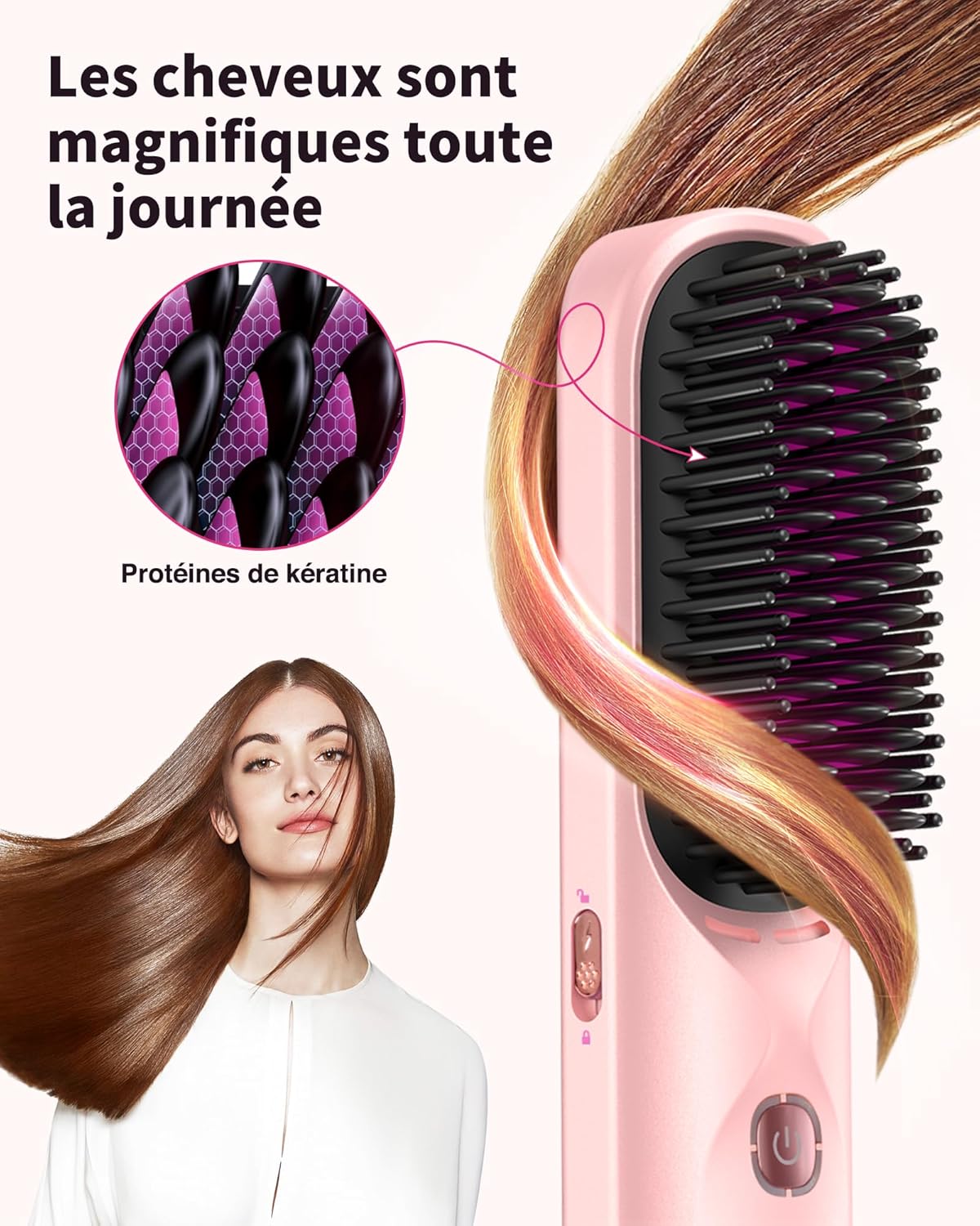 Brosse Lissante Sans Fil 3-en-1 – Lissage Ionique, Autonomie 120min, Powerbank Intégrée